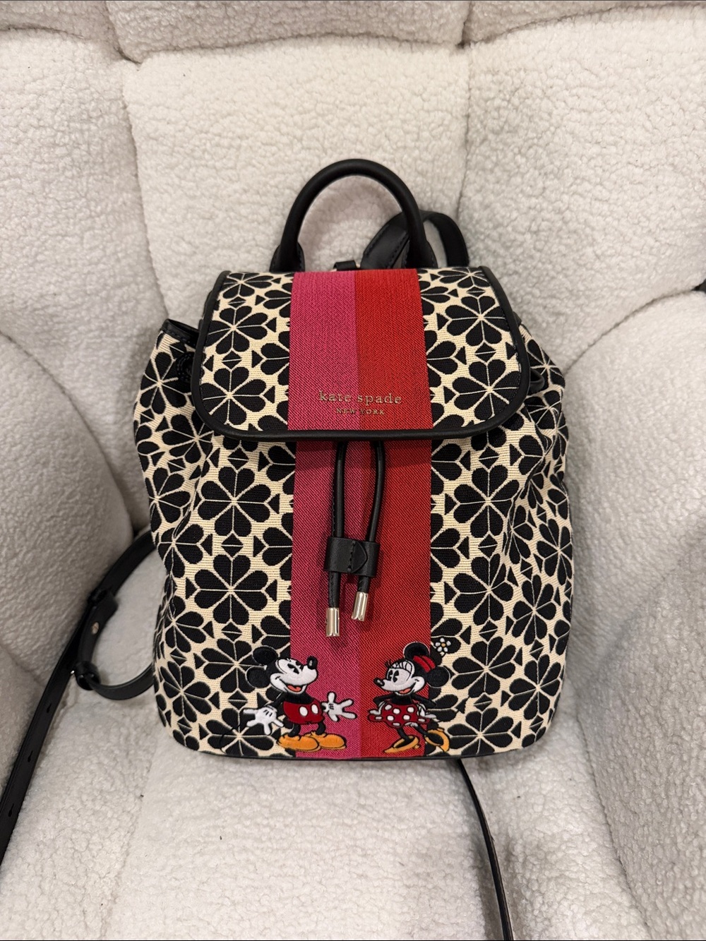 kate spade Black & Cream Floral Backpack with Red Stripe and Mickey Minnie